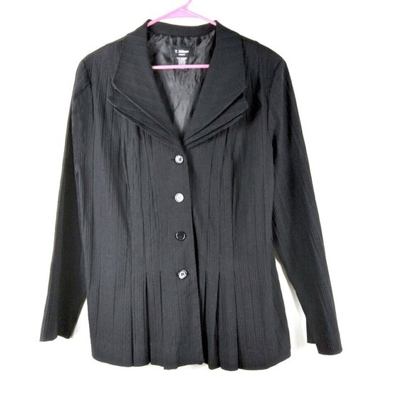 T Milano Black  Micro Pleated Triple Lapel Button Up Blazer Sz 14 - Picture 1 of 9